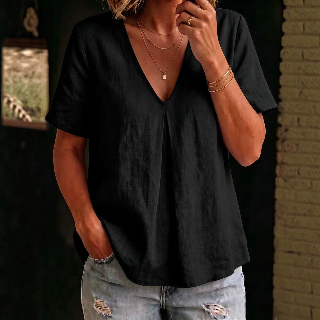 Women's Pleated Cotton-Linen Short-Sleeve Shirt – 5 Colors S–XXL