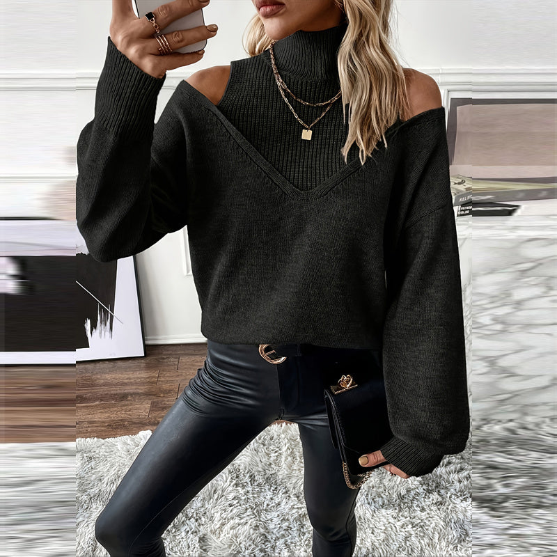 Women’s Elegant Off-Shoulder Turtleneck Sweater — Long Sleeve Knit Top