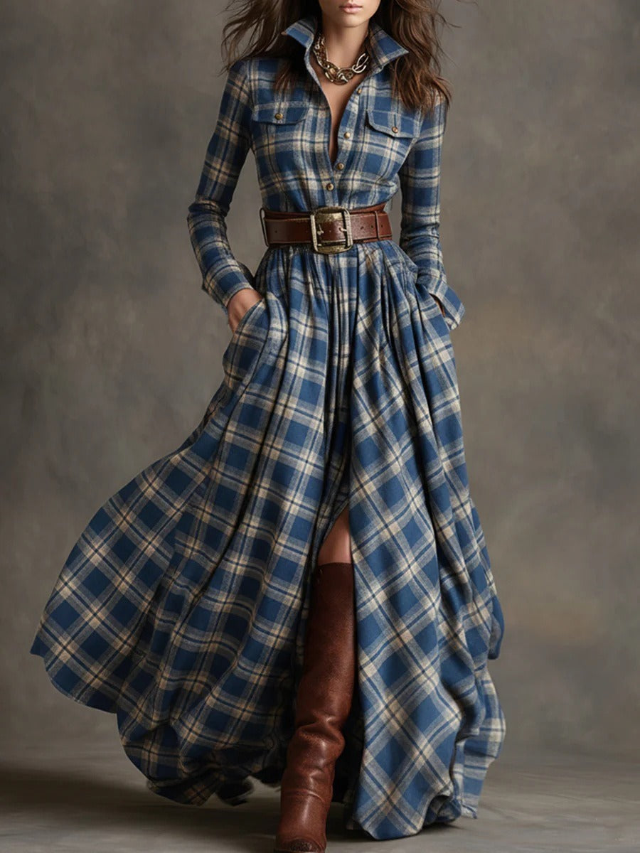 Women's Plus Size Plaid Print Long Sleeve Shirt Dress with Pockets