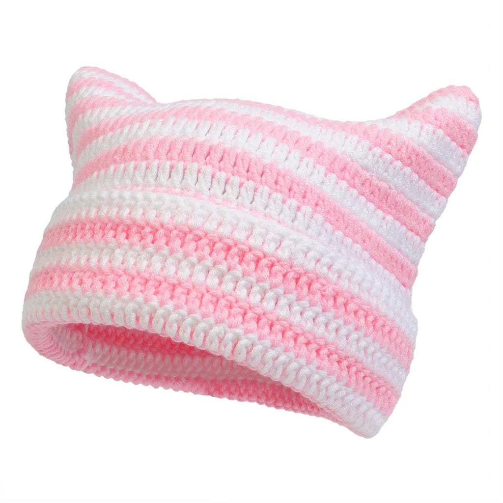 Women’s Hand Knitted Striped Cat Hat – Cute Warm Winter Beanie