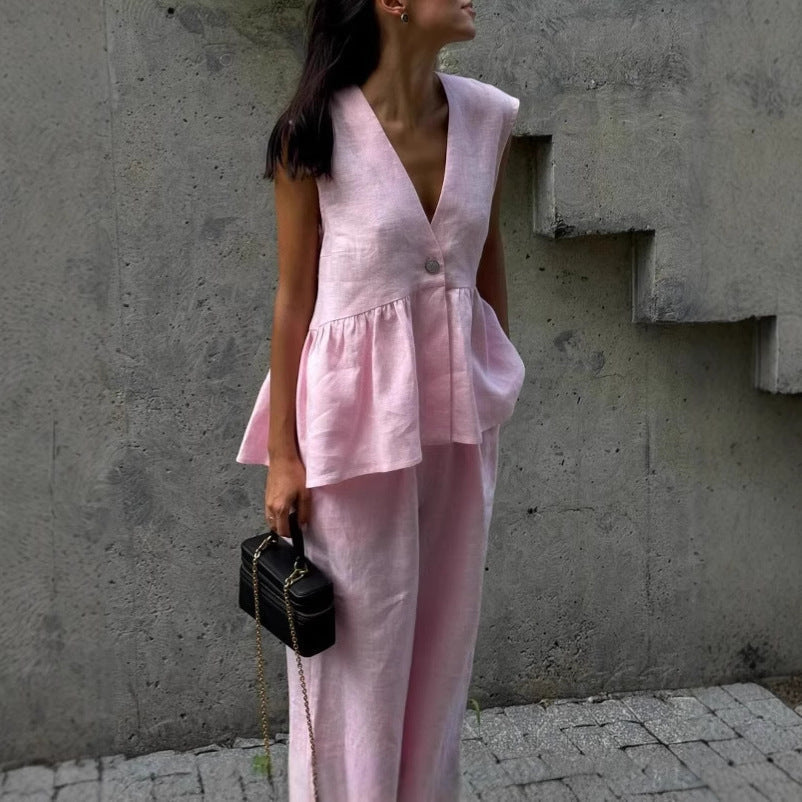 Women’s Cotton V-Neck Sleeveless Vest and Wide-Leg Pants Set