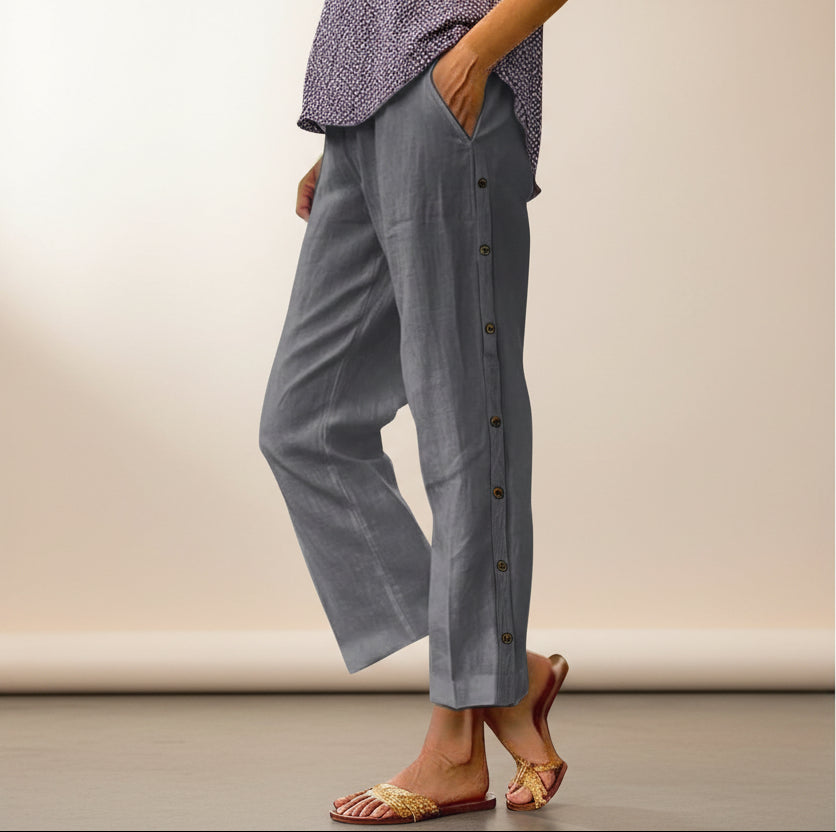 Cropped Pants With Decorative Buttons Along the Side Seams