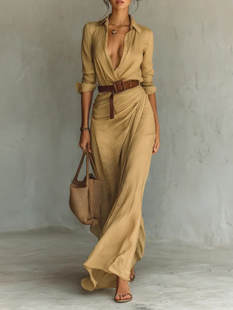 Women's Elegant Belted Irregular Ruffle Long Dress – Slim Waist