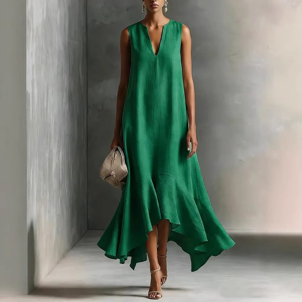 Women's Deep V-Neck Sleeveless Asymmetrical Maxi Dress – Patchwork