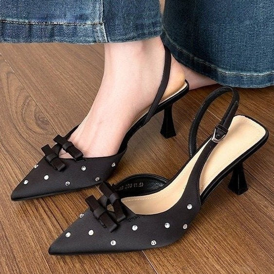 Women's Closed Toe Slingback Stiletto Heels – Bowknot & Rhinestone Sandals
