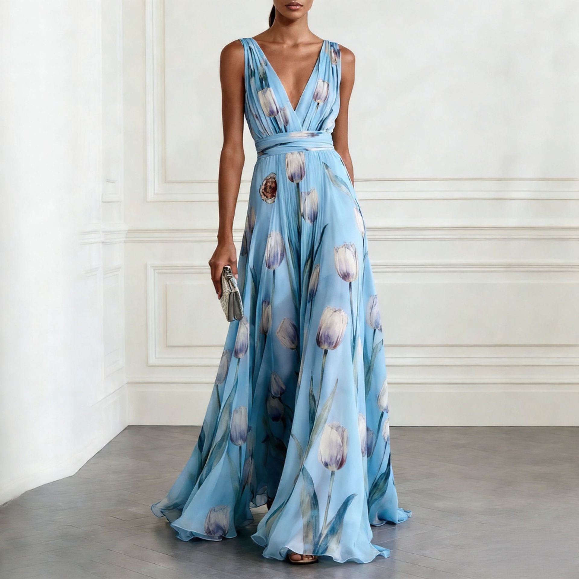 Women's Tulip Print Sleeveless Deep V-Neck A-Line Maxi Dress – 7 Colors