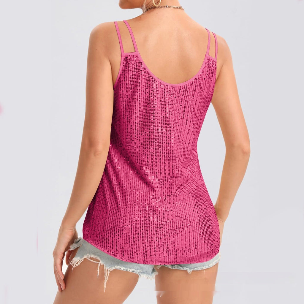 Sequin V-Neck Camisole – Rhinestone Strap Sparkly Top