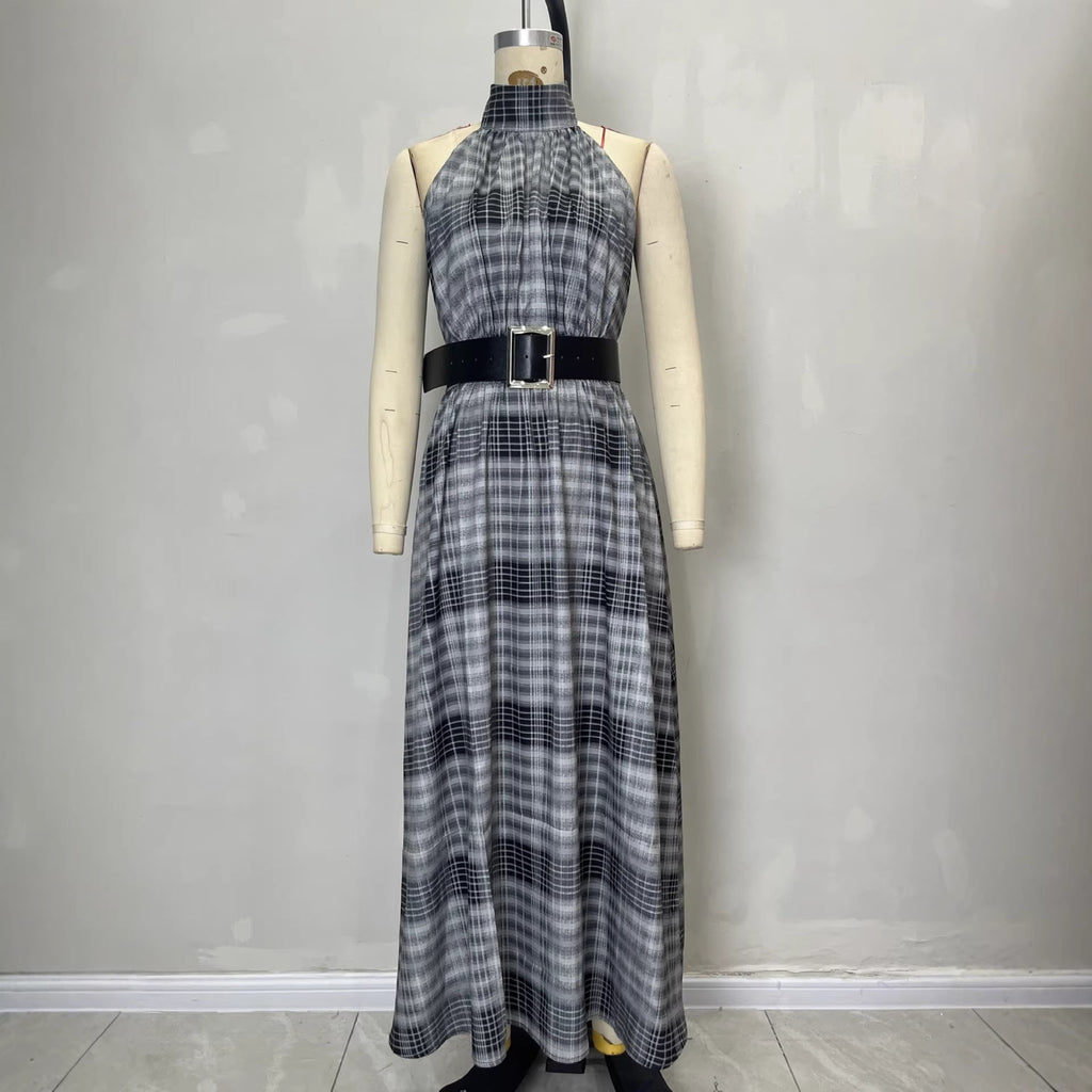 Sleeveless Plaid High Waist Lace-Up A-Line Maxi Dress for Women – Black & White Check