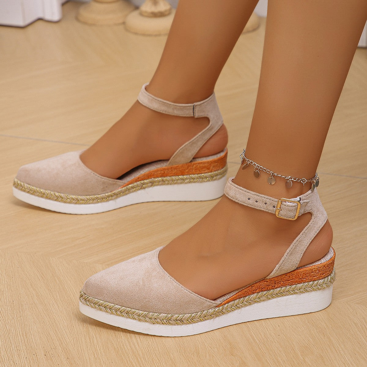 Women's Pointed Toe Espadrille Wedge Sandals with Ankle Buckle Strap