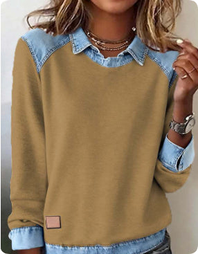 Denim Collar Patchwork Pullover Knitwear Top – Women’s Street Style