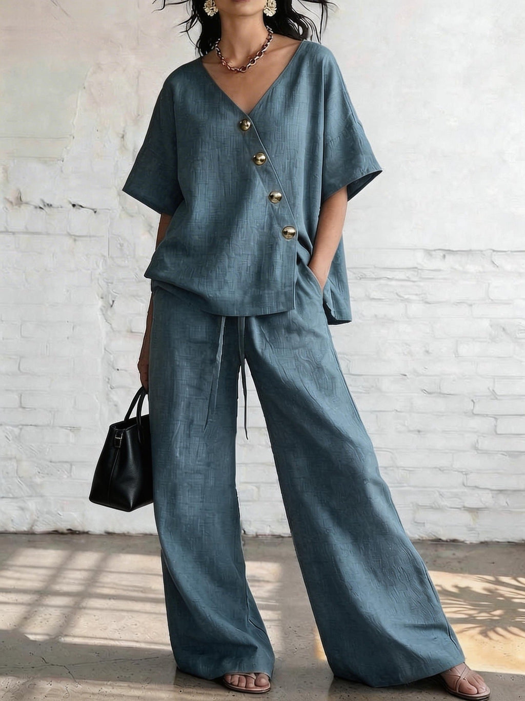 Women's Loose Cotton-Linen V-Neck Top & Wide-Leg Pants Set