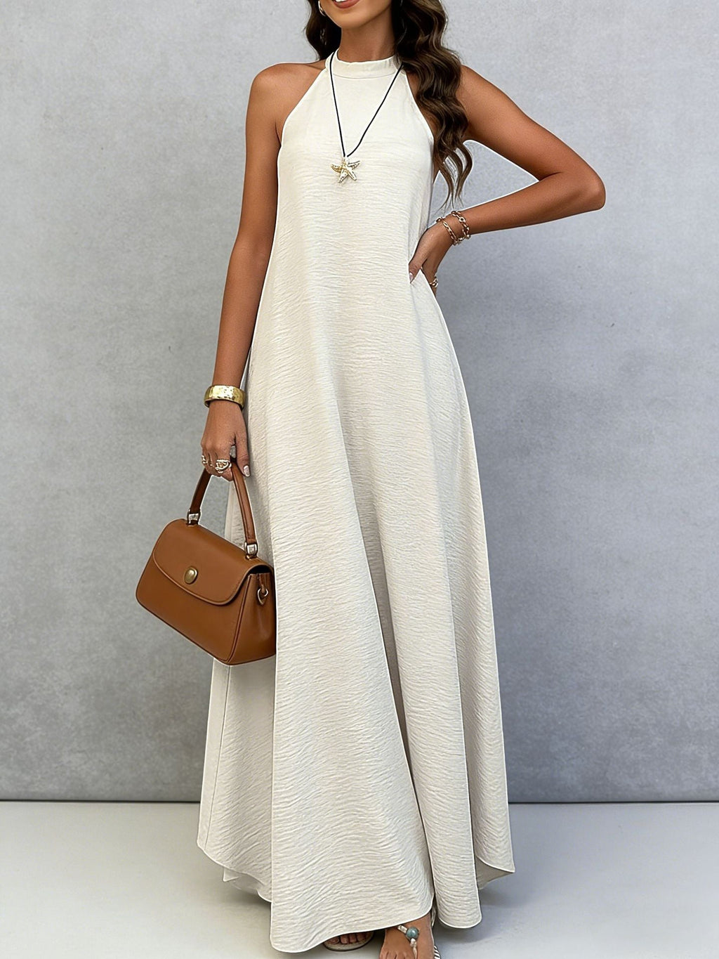 Women's Ice Silk Crinkle Sleeveless Swing Maxi Dress
