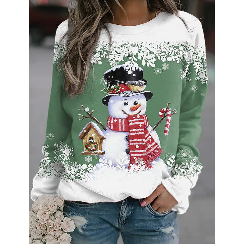 Snowman Printed Panel Loose Sweater – Casual Holiday Knit for Women