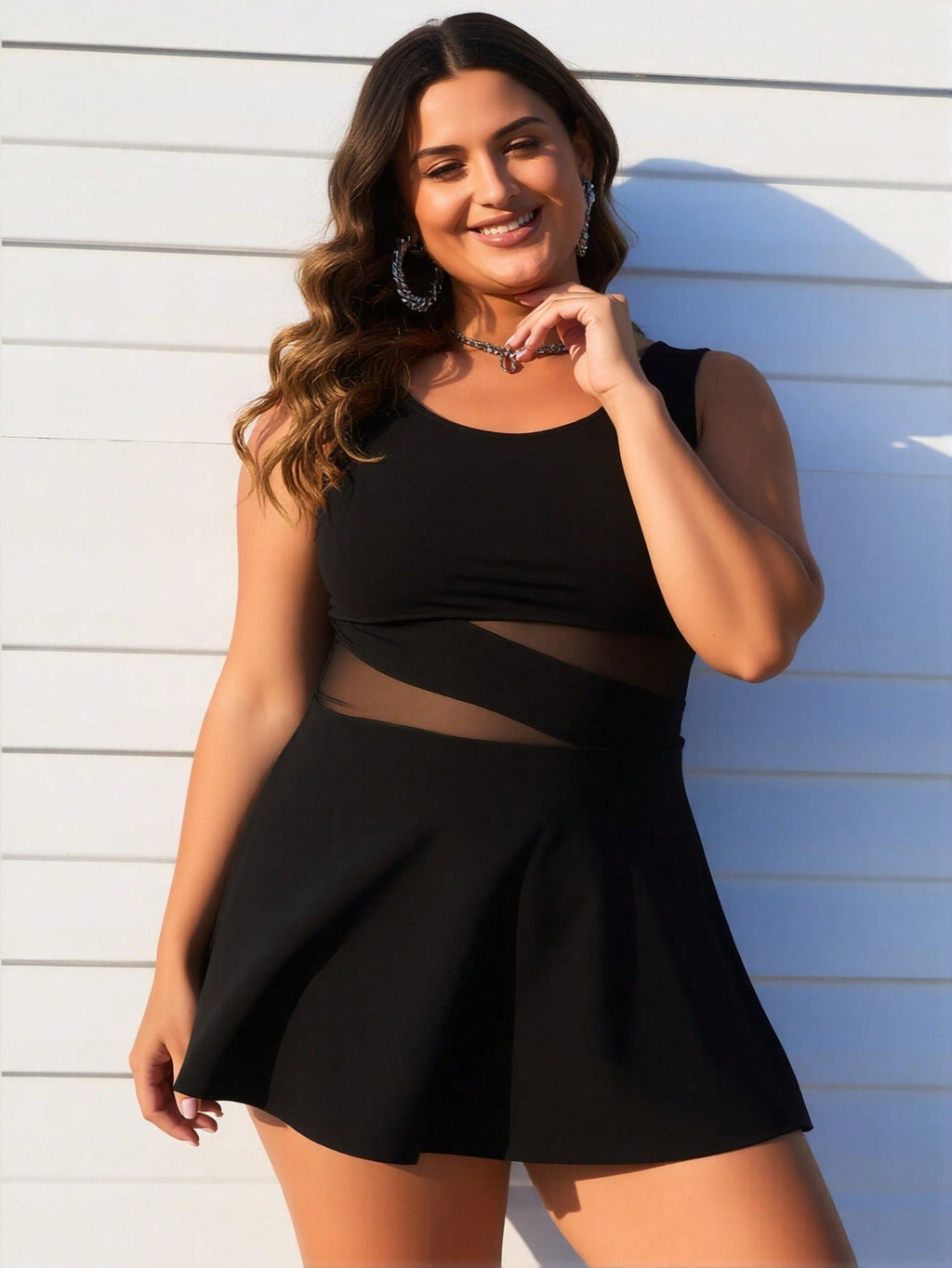Women's Plus Size Swimdress — Black Mesh Cutout Waist & Flared Skirt
