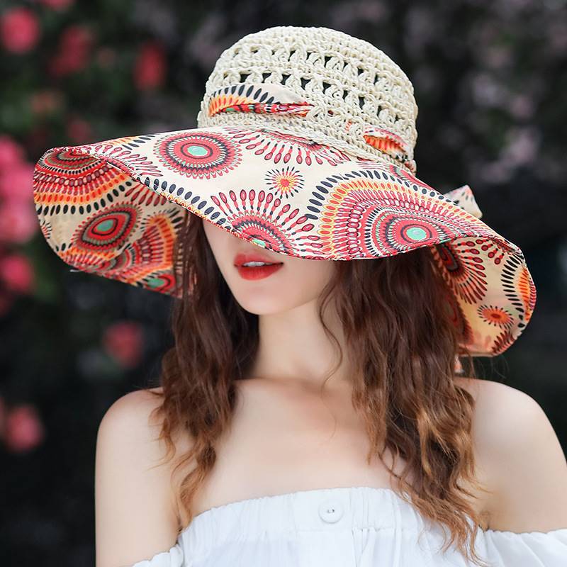 Women's Patterned Straw Beach Sun Hat – Round Crown UV Protection Summer Hat