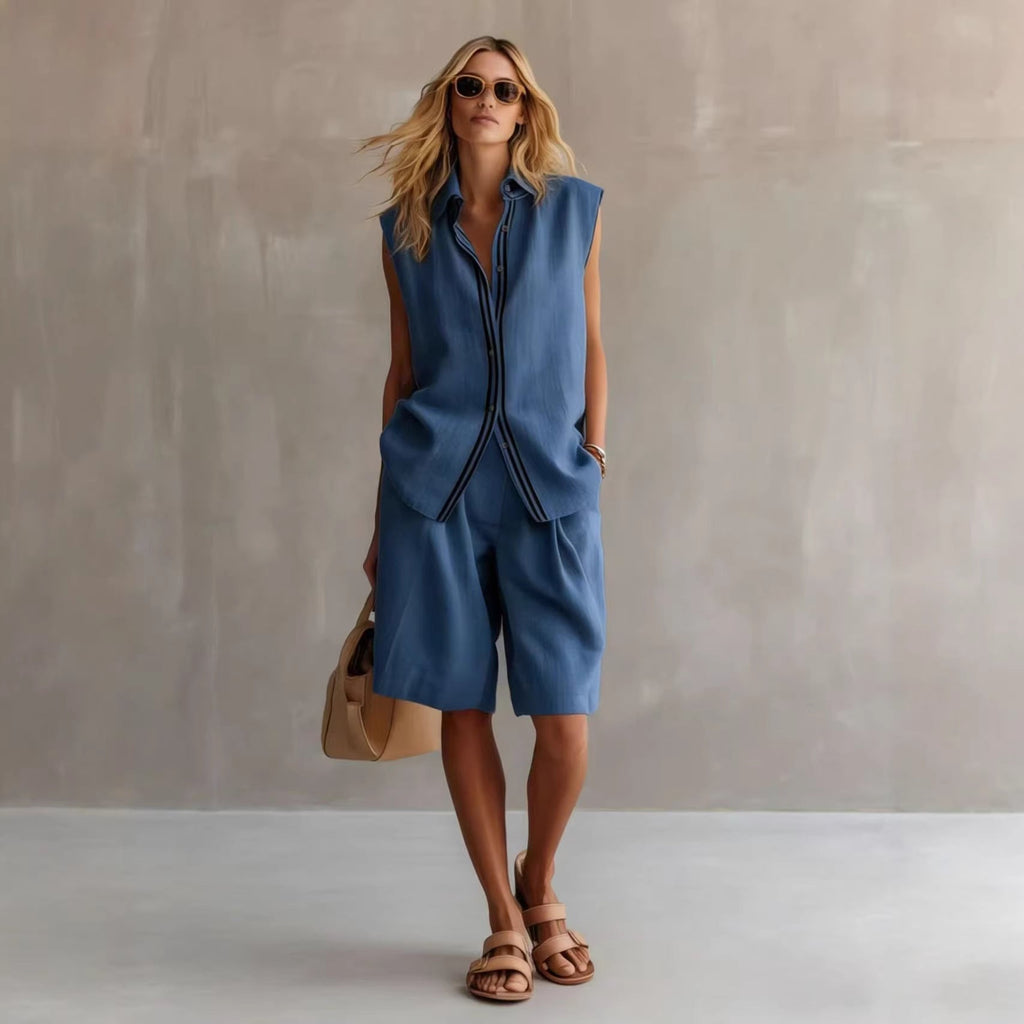 Women's Linen Shirt and Shorts Set – Sleeveless Summer Two-Piece
