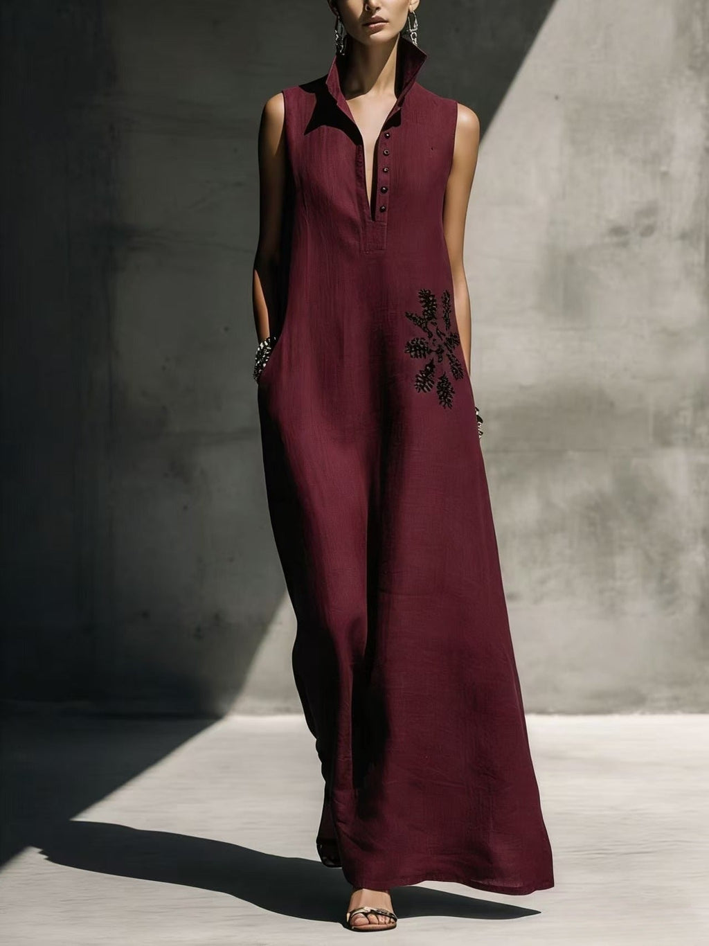 Women's Cotton Linen Mandarin Collar Maxi Dress – Graphic Print with Pockets