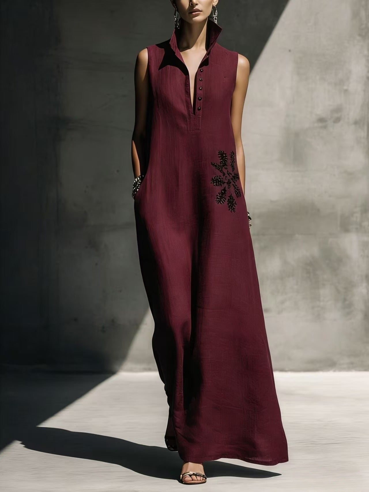 Women's Cotton Linen Mandarin Collar Maxi Dress – Graphic Print with Pockets