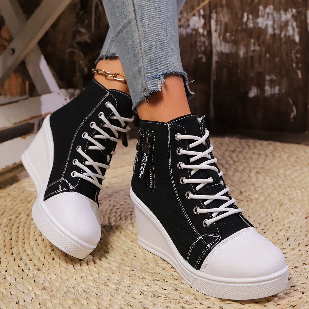 Women's Canvas Wedge Platform Lace-Up Sneakers