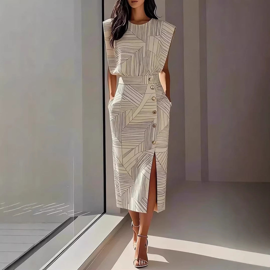 Women's Printed Sleeveless Top & Slit Maxi Skirt Set | Elegant 2-Piece in 3 Colors