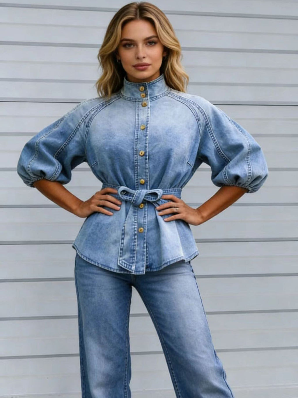 Women's Retro Washed Denim Top | Lantern Sleeve Stand Collar Belted Shirt in Blue | S–XXL