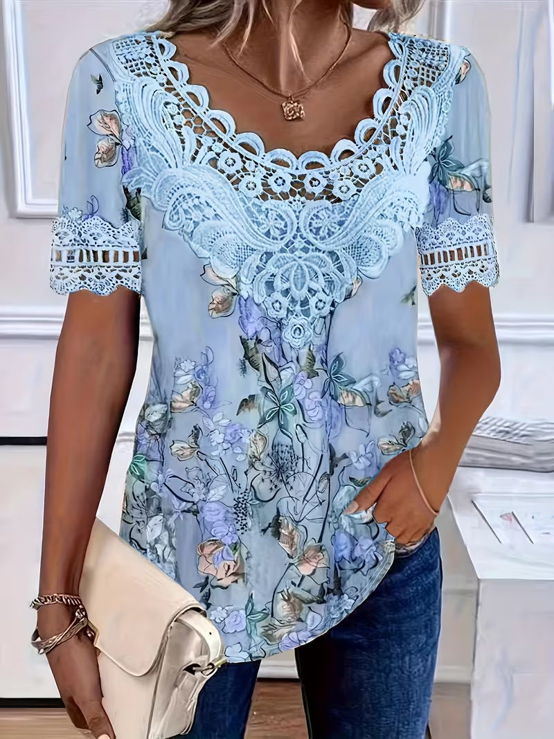 Plus Size Floral Print Lace-Trim Top – Women's V-Neck Short Sleeve Elegant Blouse