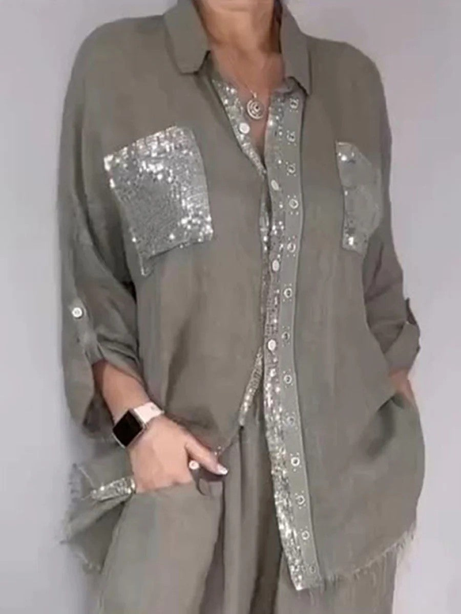 Women's Sequin Pocket Button-Up Shirt & Wide-Leg Pants Set