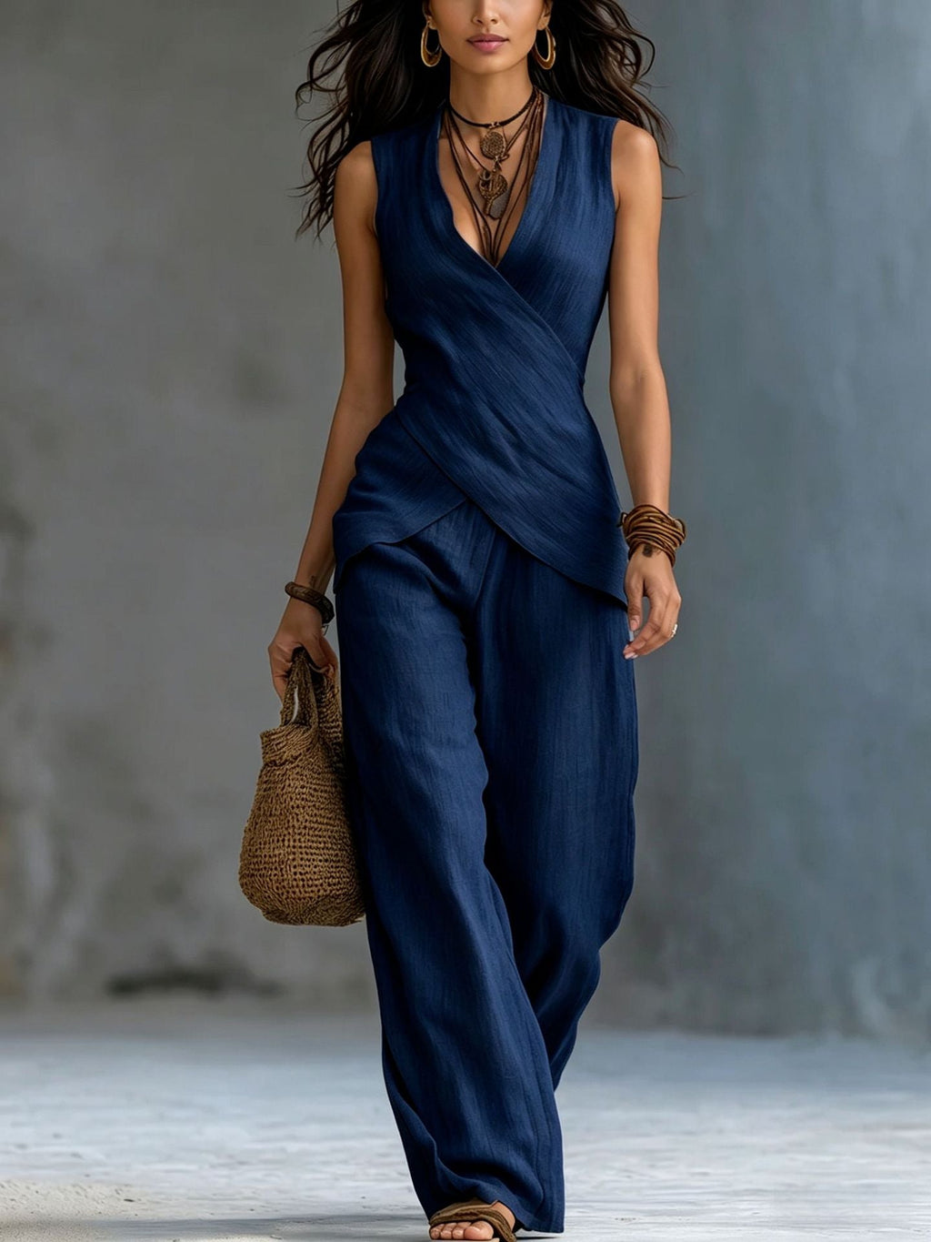 Women's V-Neck Crossover Tank Top & Casual Trousers Two-Piece Set