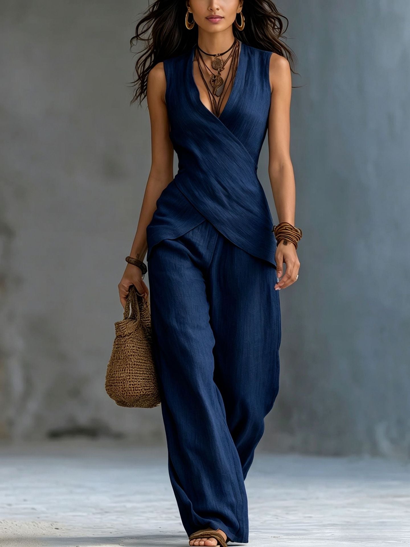 Women's V-Neck Crossover Tank Top & Casual Trousers Two-Piece Set