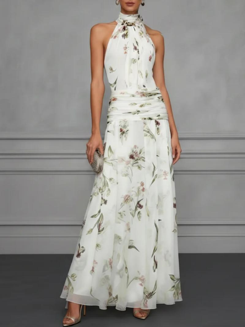 Halter Neck Printed Maxi Dress – Fitted Sleeveless Long Dress