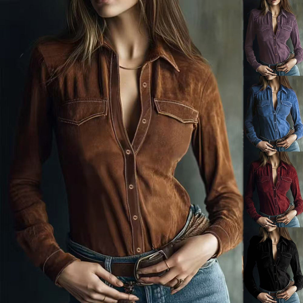 Deerskin Velvet Long Sleeve Patchwork Blouse | Retro Style