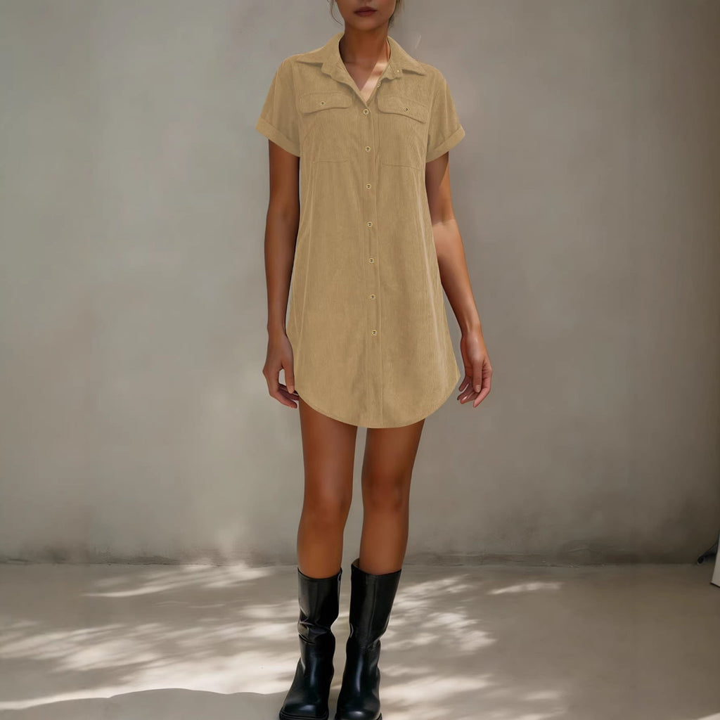 Women’s Retro Casual Corduroy Short Sleeve Shirt Dress