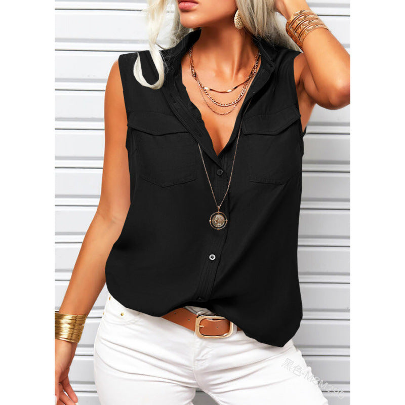 Women's Lapel Collar Sleeveless Top – Loose Fit, Pockets, Solid Color