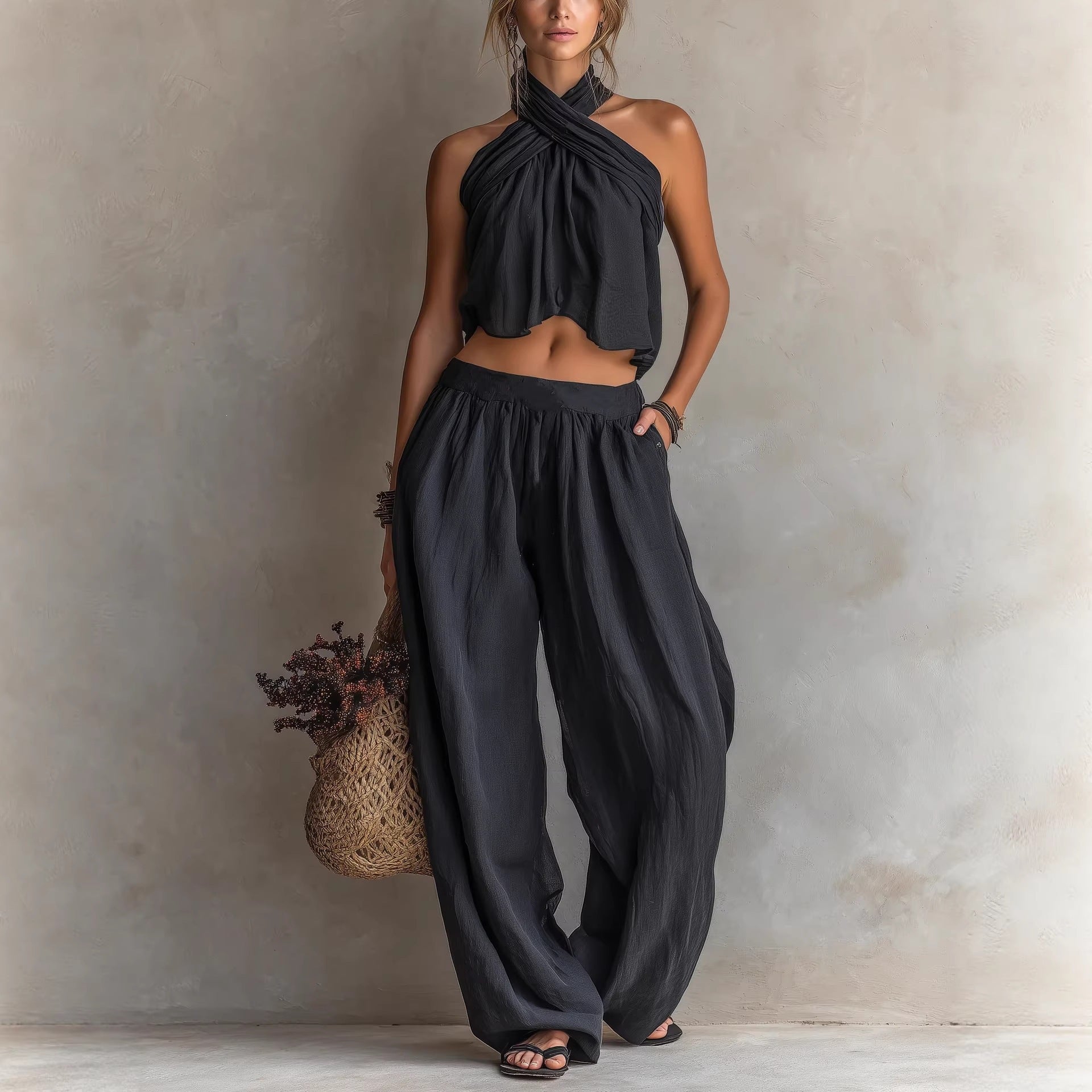 Women's Loose Sleeveless Top & Wide-Leg Pants Set – Linen Blend