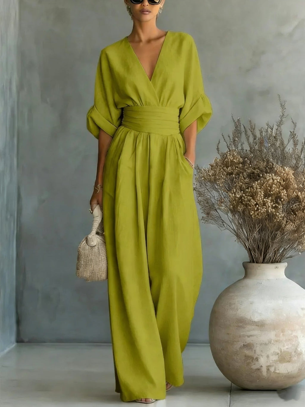 Women's V-Neck Wide-Leg Jumpsuit – High Waist Pleated Elegant 11 Colors S–5XL