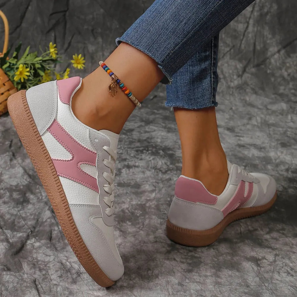 Contrast Lace-Up Round Toe Flat Sneakers – PU Cloth Casual