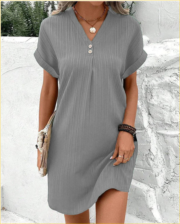 Button-Front V-Neck Dress – Short Sleeve Solid Casual Shirt Dress