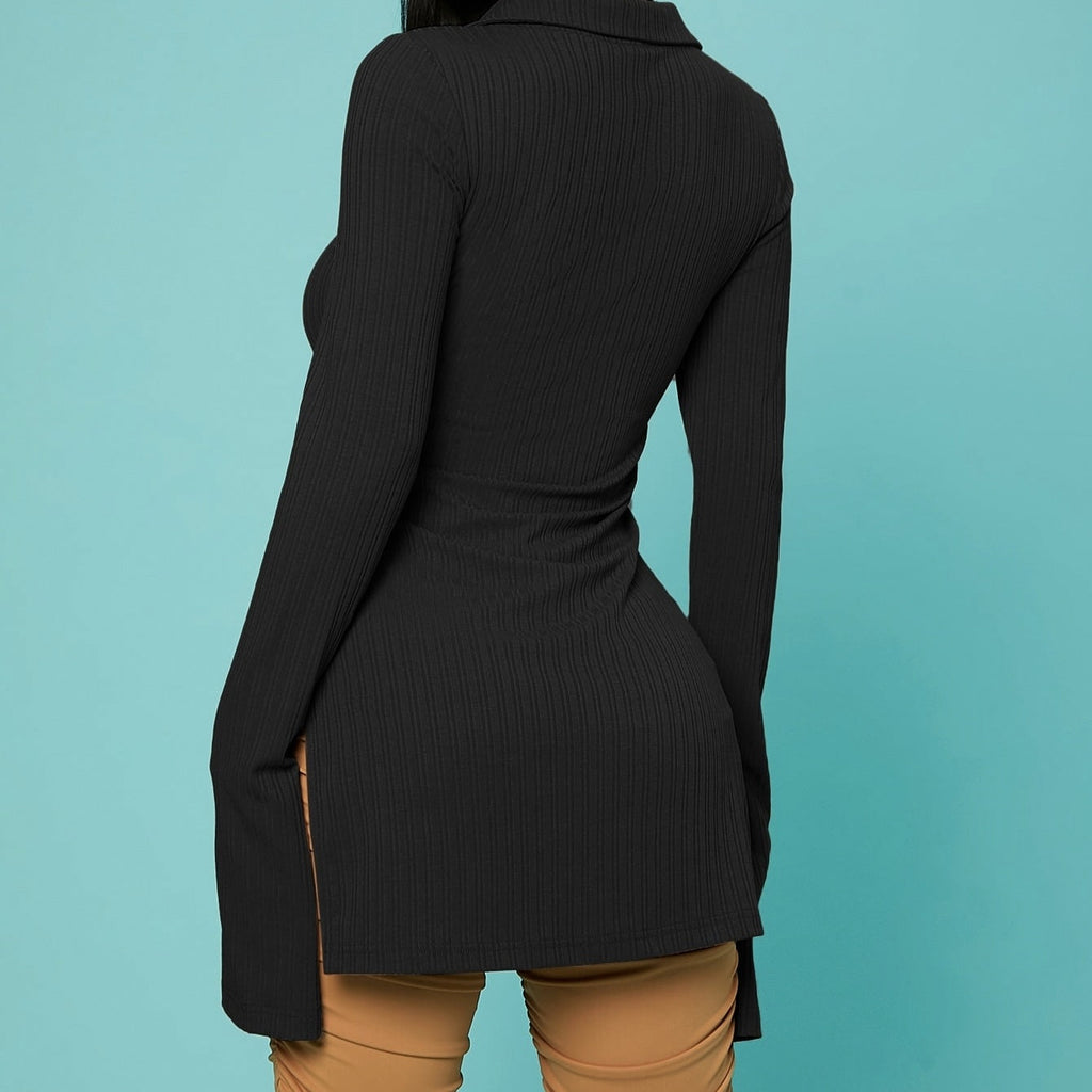Women's V-Neck Ribbed Knit Button Cardigan Top – Black