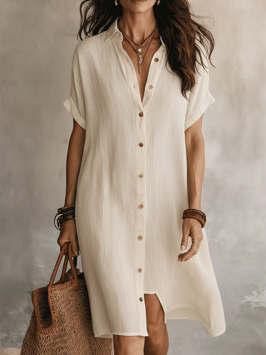 Women's Buttoned Midi Shirt Dress – Short Sleeve