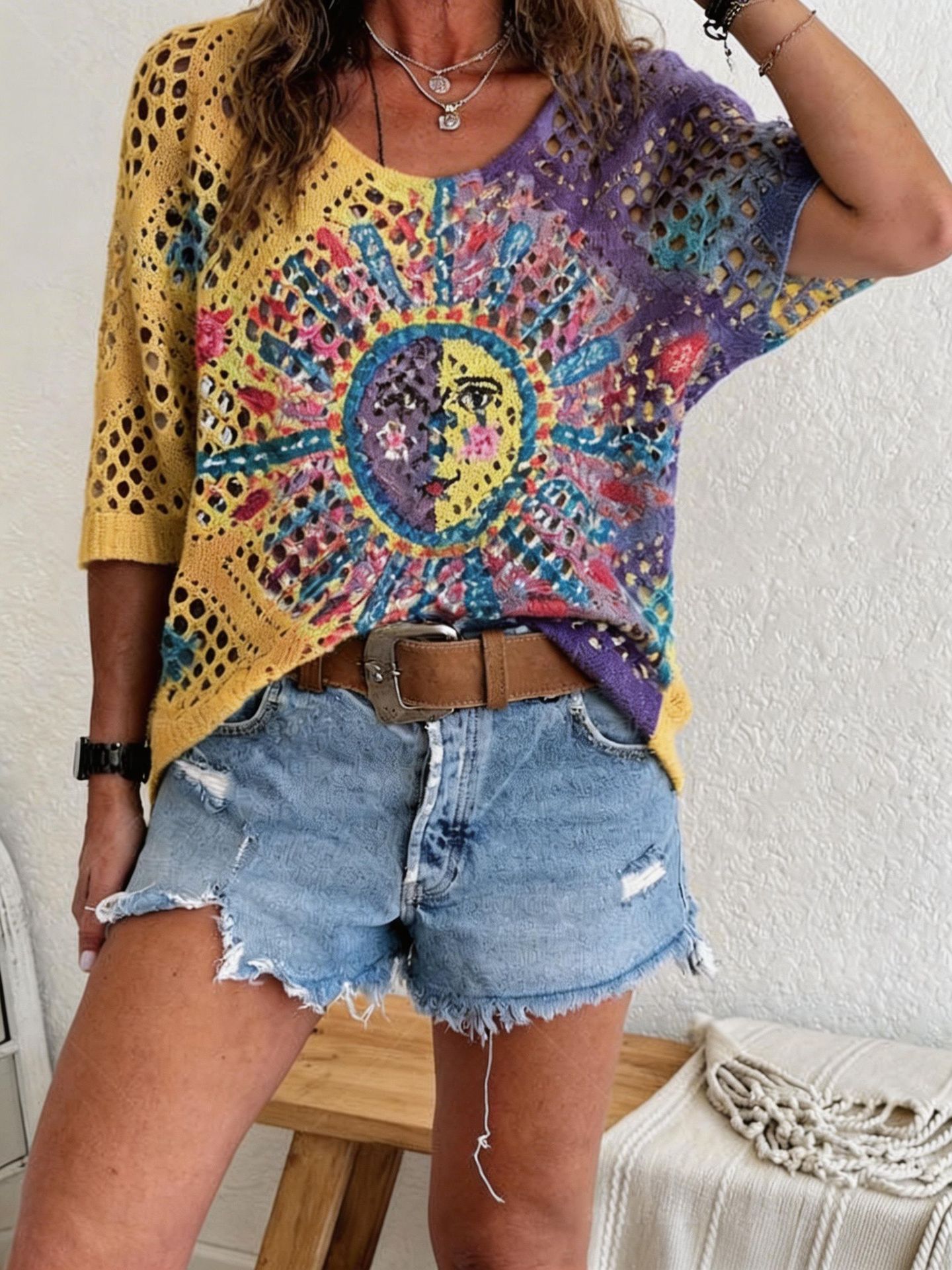 Women's Batwing-Sleeve Sweater – Hollowed-Out 3D Knitted Print Relaxed Fit