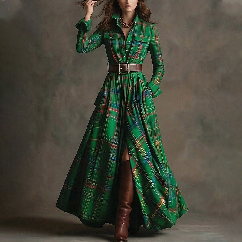 Women's Printed Lapel Slim-Fit Dress – Elegant Commuter Style