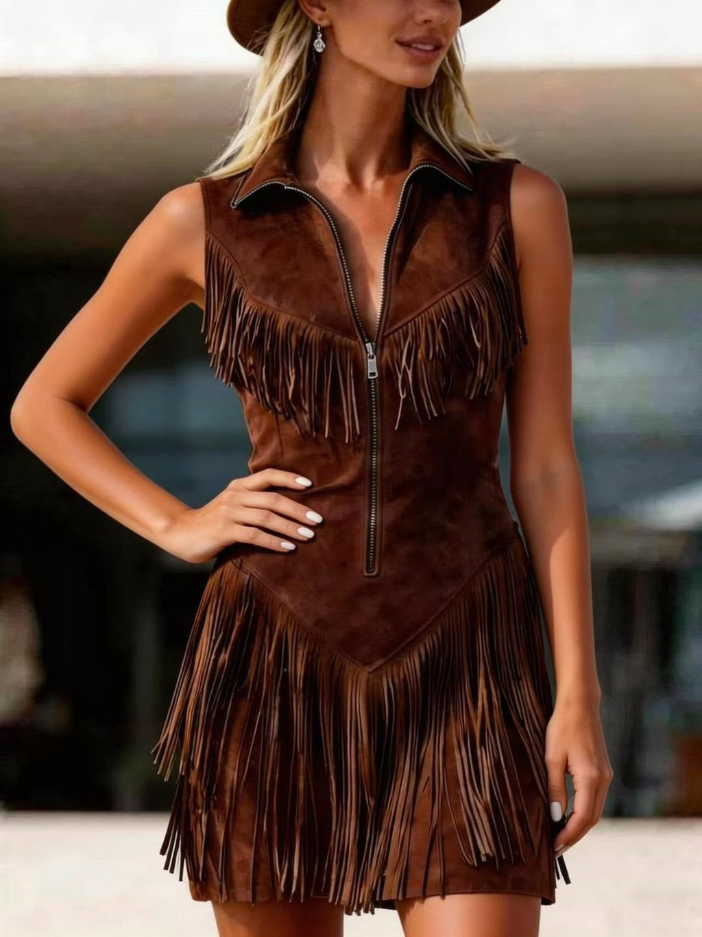 Women's Suede Western Tassel Sleeveless Slim-Fit Midi Dress