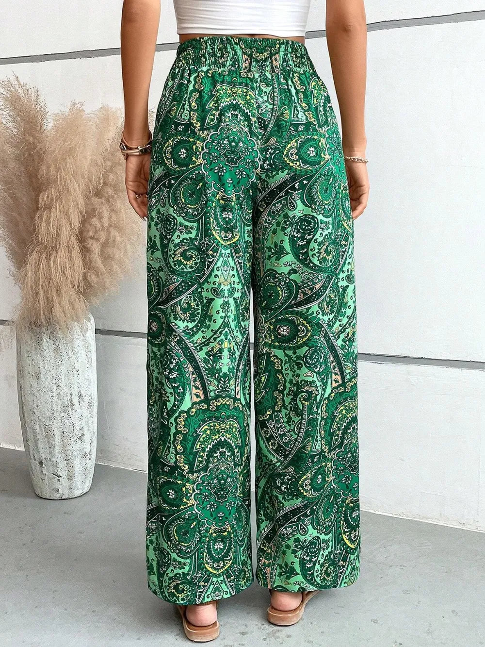 Women's Paisley Print Wide-Leg Pants – Boho Smocked Elastic Waist Tie-Up Flowy Trousers