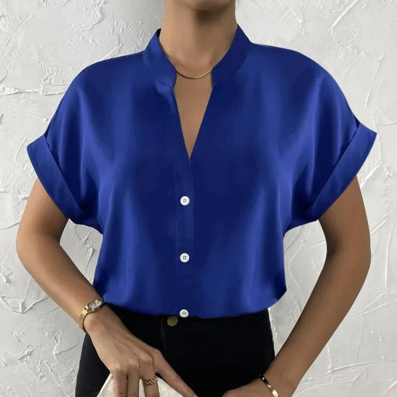 🧡 Summer Women's Satin V-Neck Short Sleeve Shirt – Elegant Casual Wear