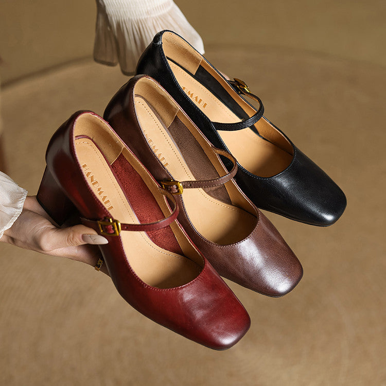 Women's Genuine Leather Mary Jane Block Heel Pumps