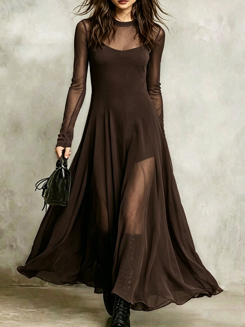 Women's Elegant Mesh-Spliced Maxi Dress — High Waist Slim Fit Patchwork