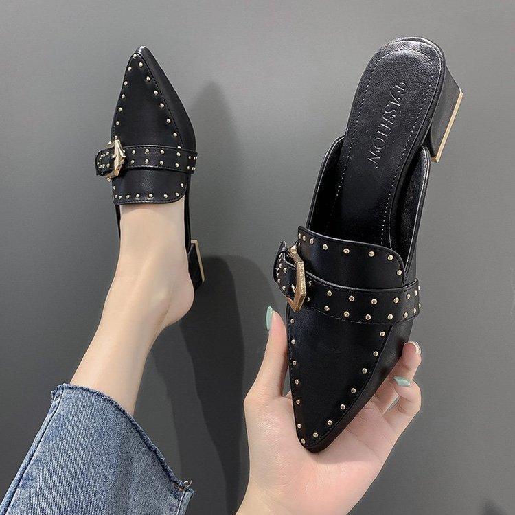 Women's Retro Pointed Toe Mid-Heel Closed-Toe Mules