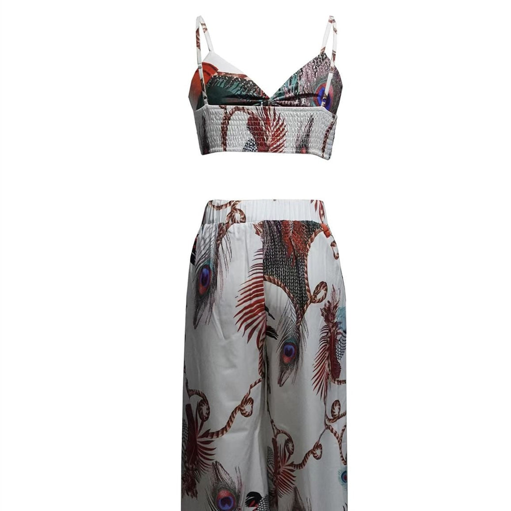 Women's Feather Print Crop Top & Pants Set – 2-Piece Vacation Outfit