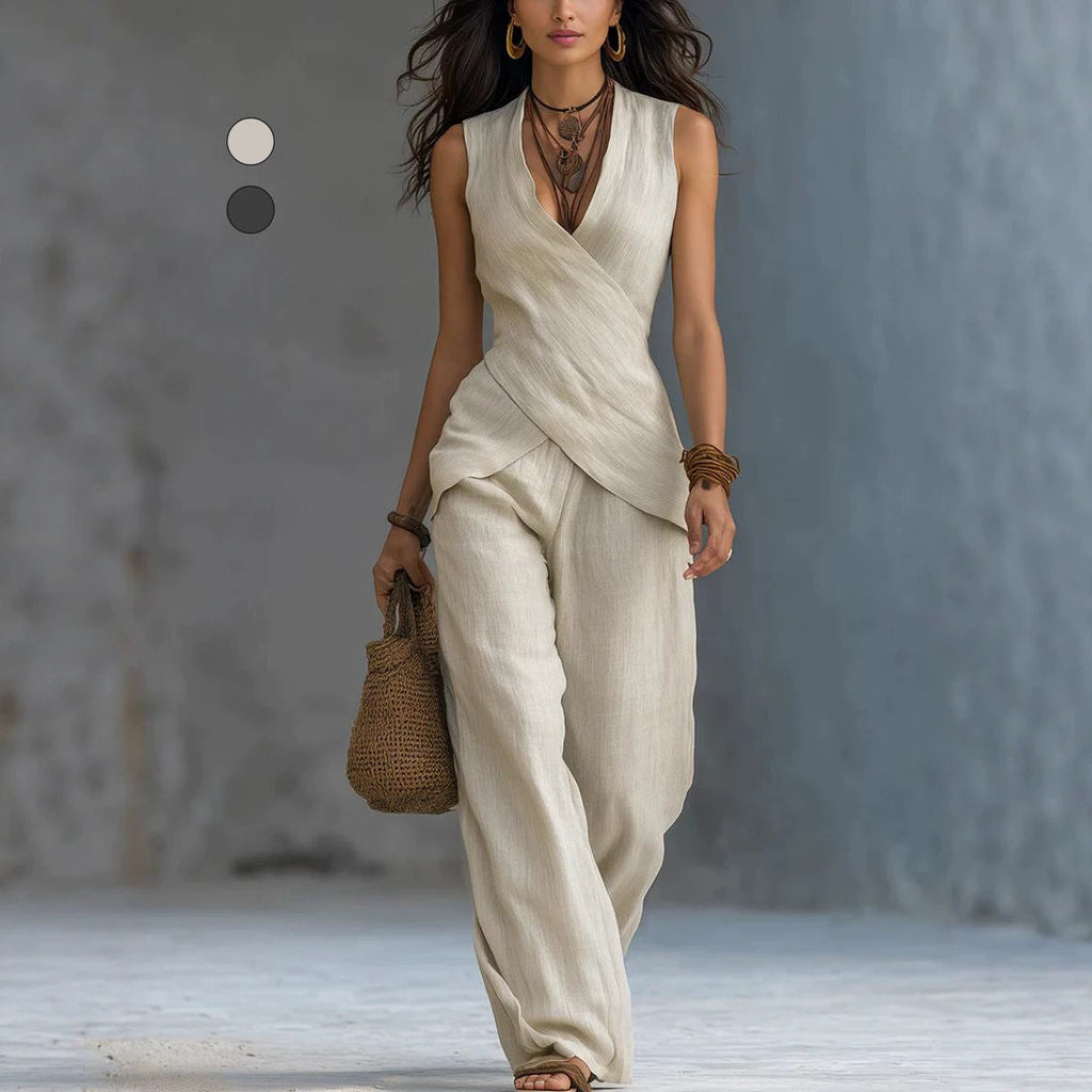 V-Neck Sleeveless Waist-Cinched Top & Wide Leg Pants Two-Piece Set