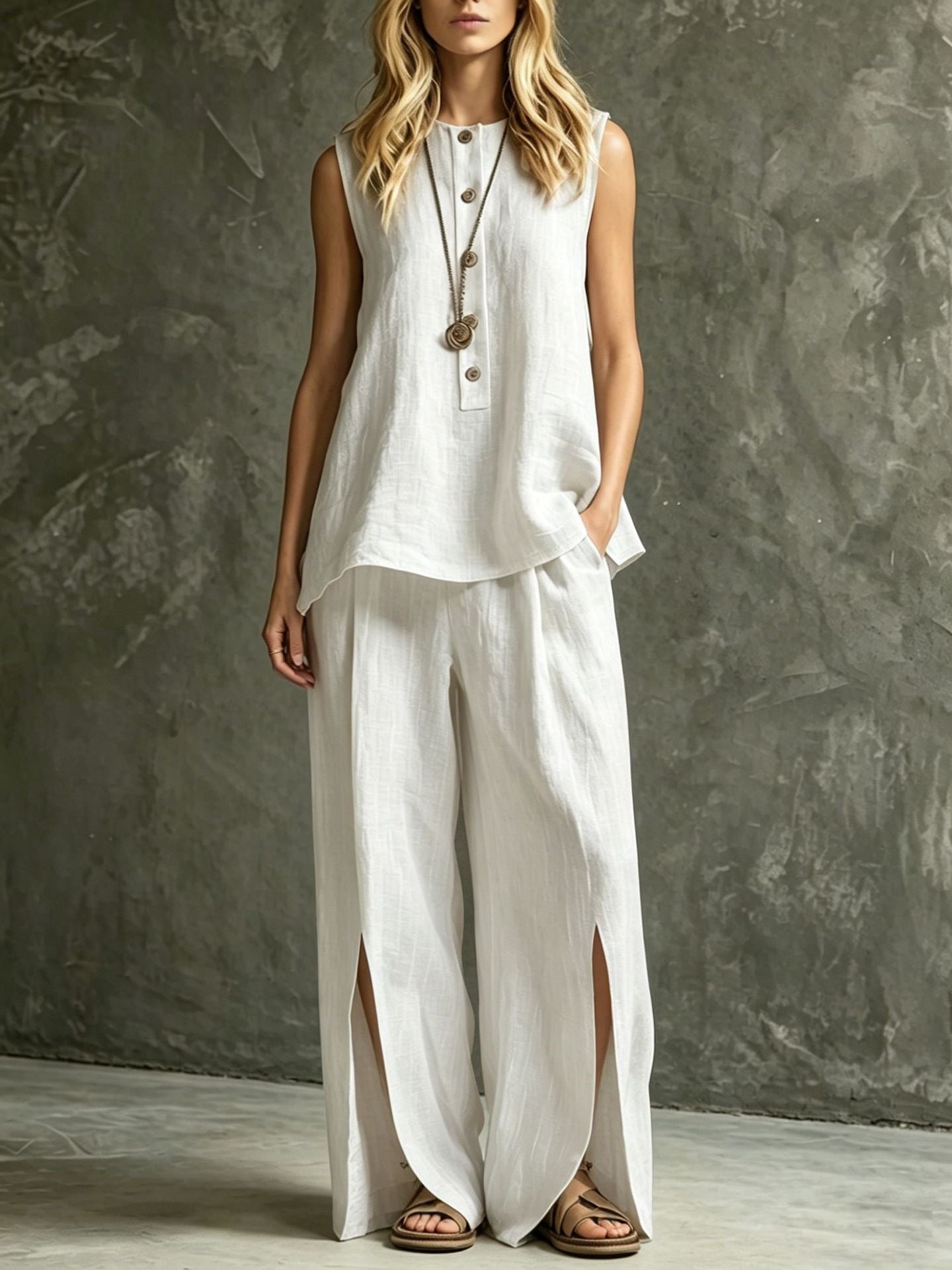 Women's Loose Sleeveless Tank Top & Slit Wide-Leg Pants Two-Piece Set
